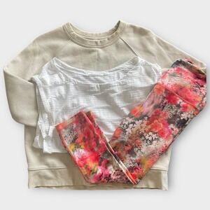 Athleta Floral Print Capri Leggings Illuminate White Top Crewneck Sweatshirt Set